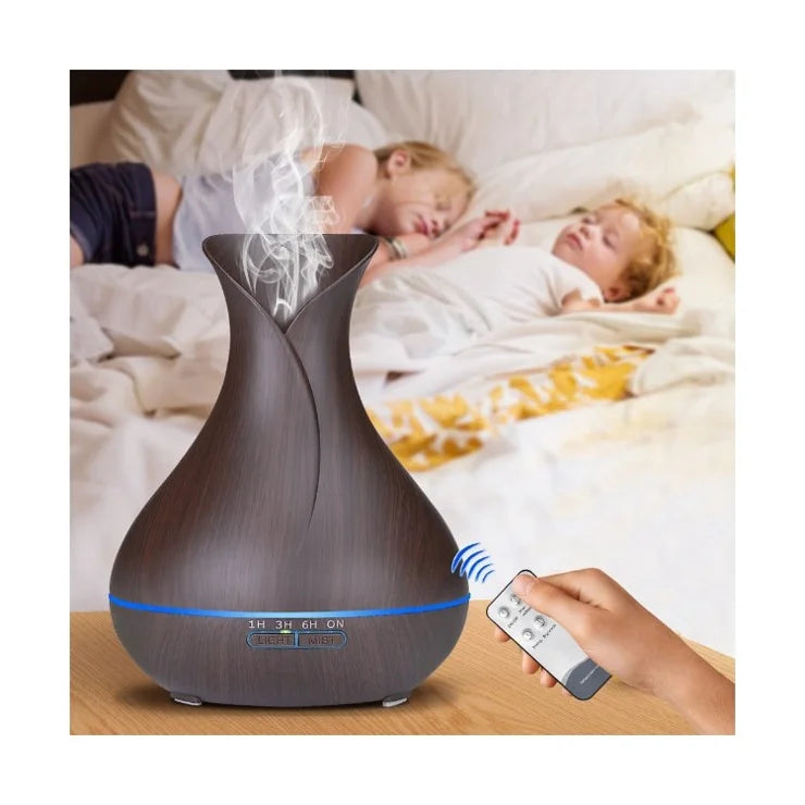 🌿 Diffuseur d’Huiles Essentielles & Humidificateur d’Air – Design Élégant Bois Foncé