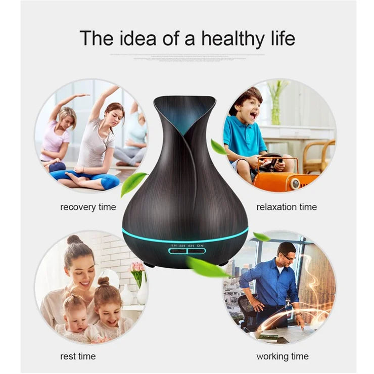 🌿 Diffuseur d’Huiles Essentielles & Humidificateur d’Air – Design Élégant Bois Foncé
