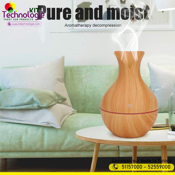 🌿 Diffuseur d’Huiles Essentielles & Humidificateur d’Air – Design Élégant Bois Foncé